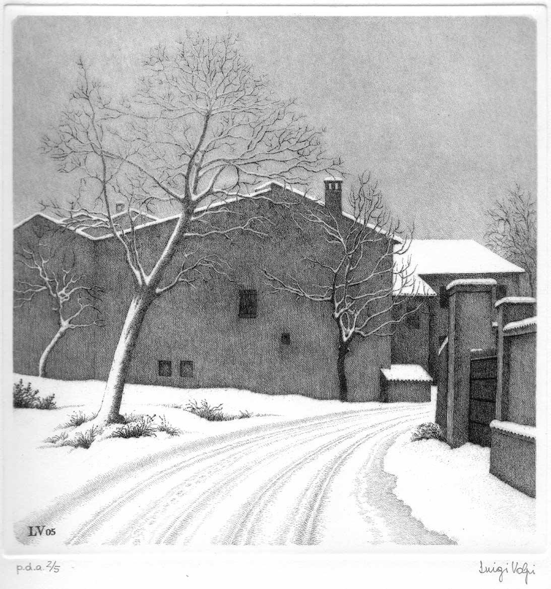 Nevicata a Camporinaldo (Miradolo Terme, Pavia) - 20x20 cm - 1992 - acquaforte