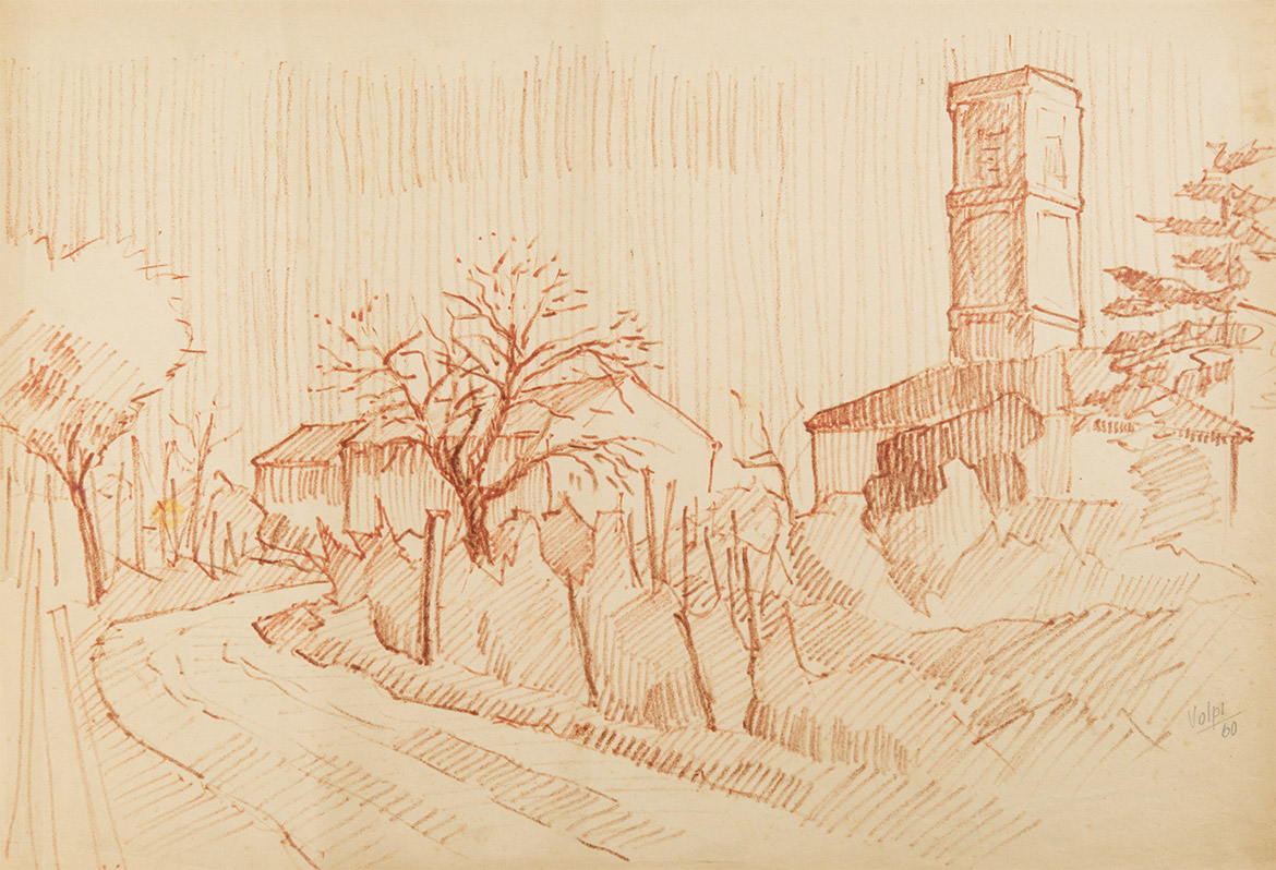 Paesaggio con campanile - 48x71 cm - 1960 - sanguigna su carta